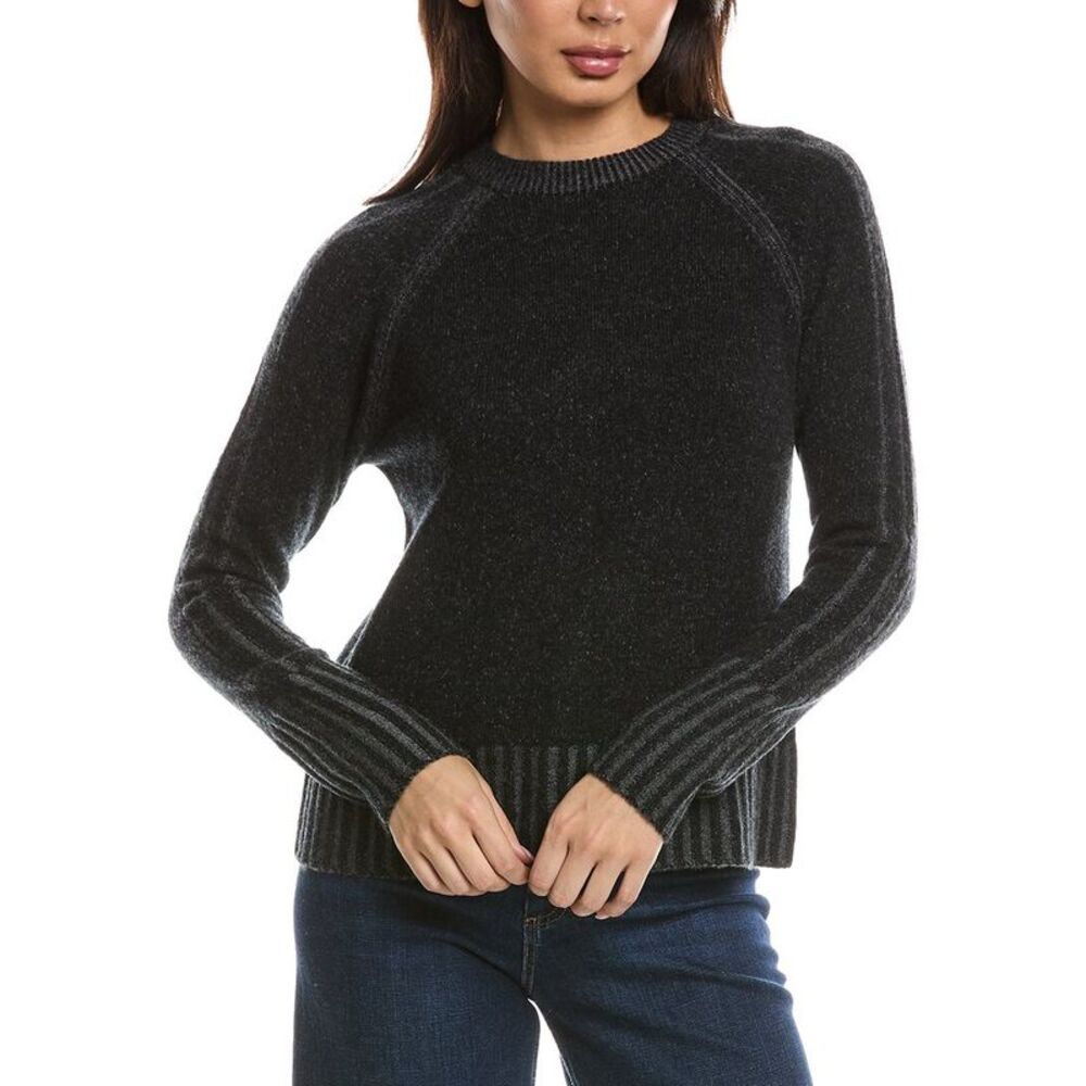 Forte Cashmere Womens Plaited Rib Trim Crewneck 100% Cashmere Sweater, Black